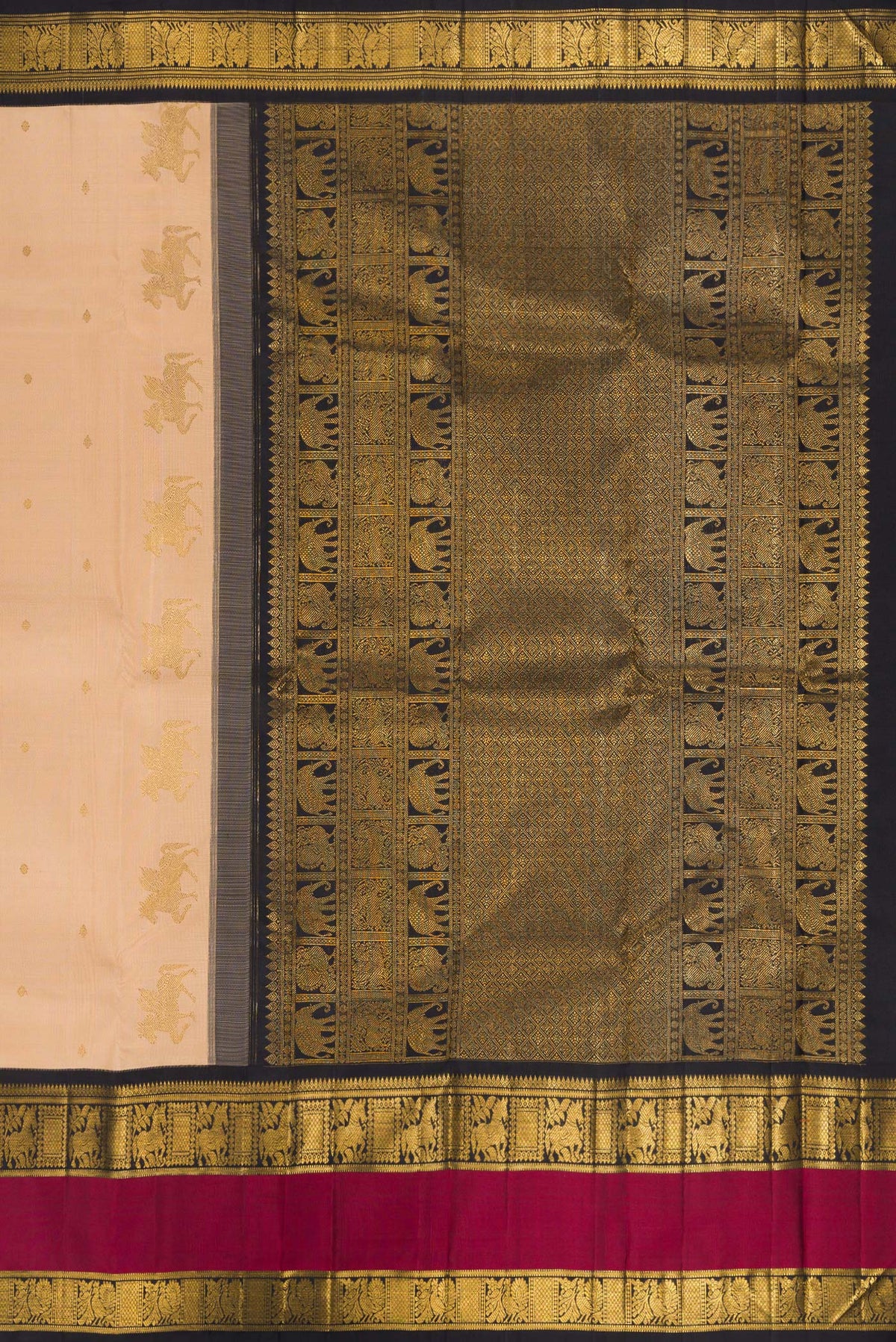 Close up image of the pallu of Pure Silk Sandal Kanchipuram Saree with Zari Butta on the body and Fancy Border. 