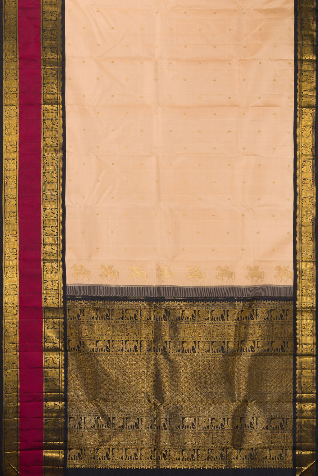 Flat view of Pure Silk Sandal Kanchipuram Saree with Zari Butta on the body and Fancy Border. 