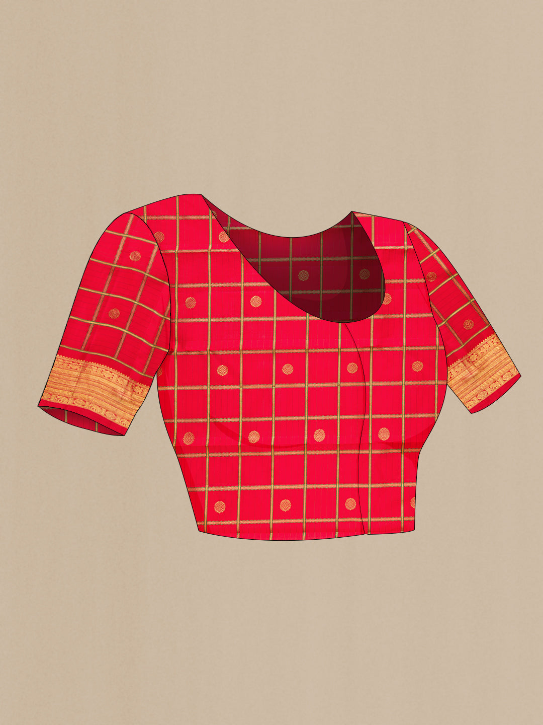 Close up image of the blouse of Pure Silk Cream Kanjivaram Saree with Checked design on the body and Zari Border. 