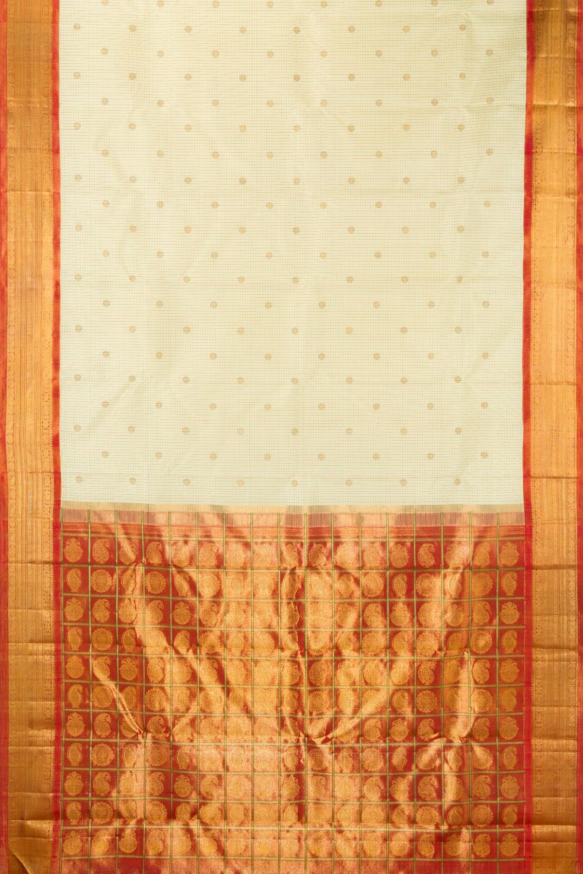 Flat view of Pure Silk Cream Kanjivaram Saree with Checked design on the body and Zari Border. 