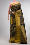 Pure Silk Black Dual Tone Kanchipuram Saree with Checked design on the body and Zari Border.  displayed on a mannequin