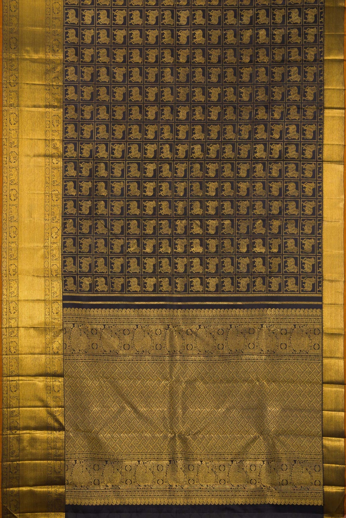Flat view of Pure Silk Black Dual Tone Kanchipuram Saree with Checked design on the body and Zari Border. 