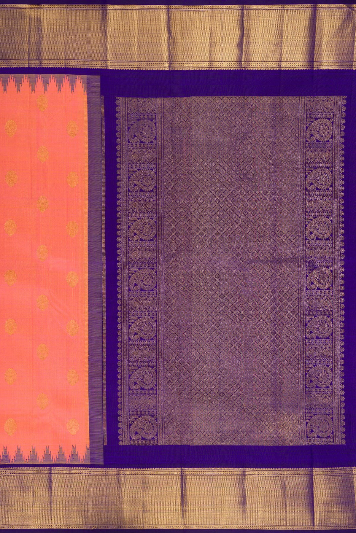 Close up image of the pallu of Pure Silk Peach Kanchipuram Saree with Zari Butta on the body and Temple Border. 