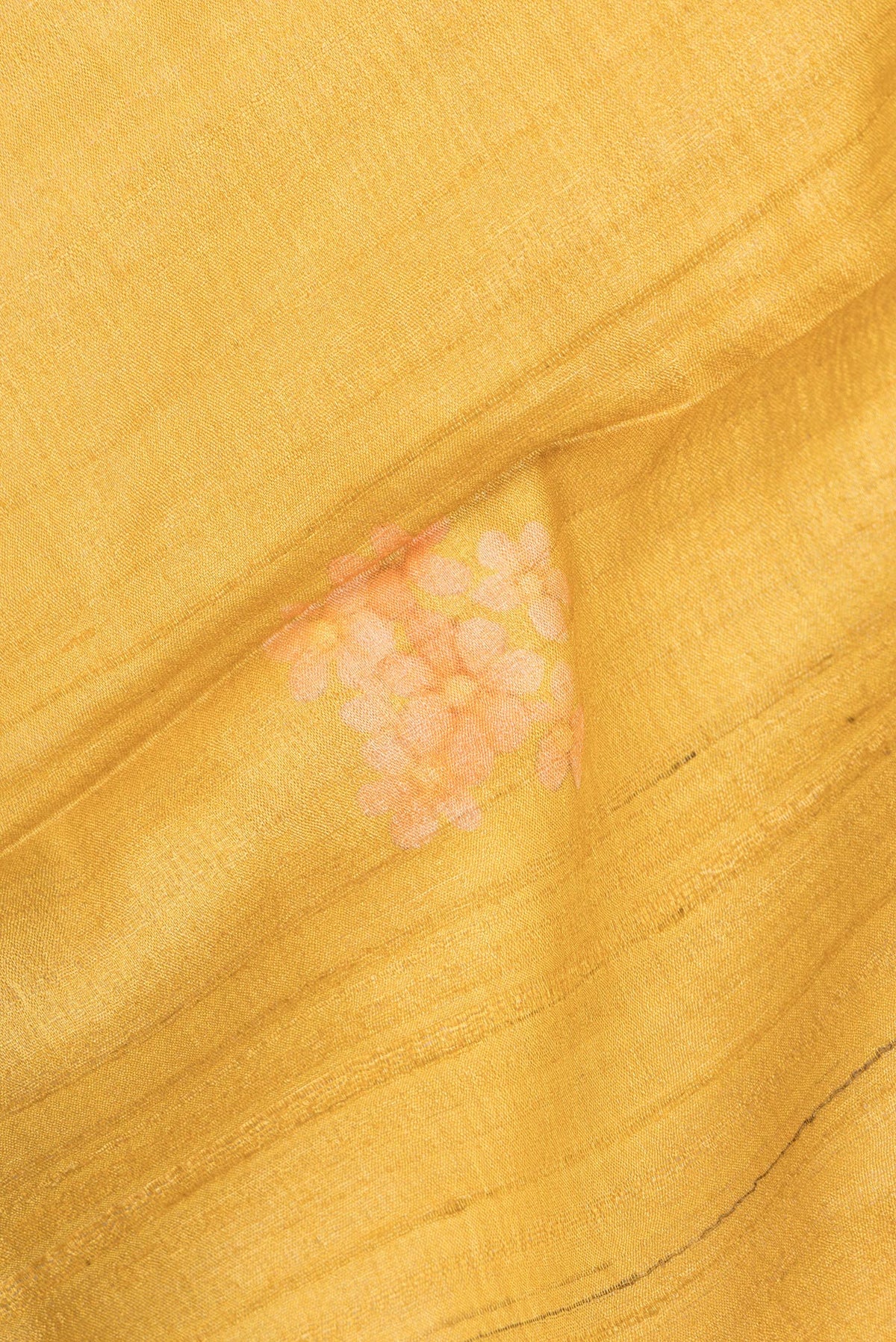 Close up of Mustard Tussar Saree with Printed design on the body and Zari Border.  displaying folds