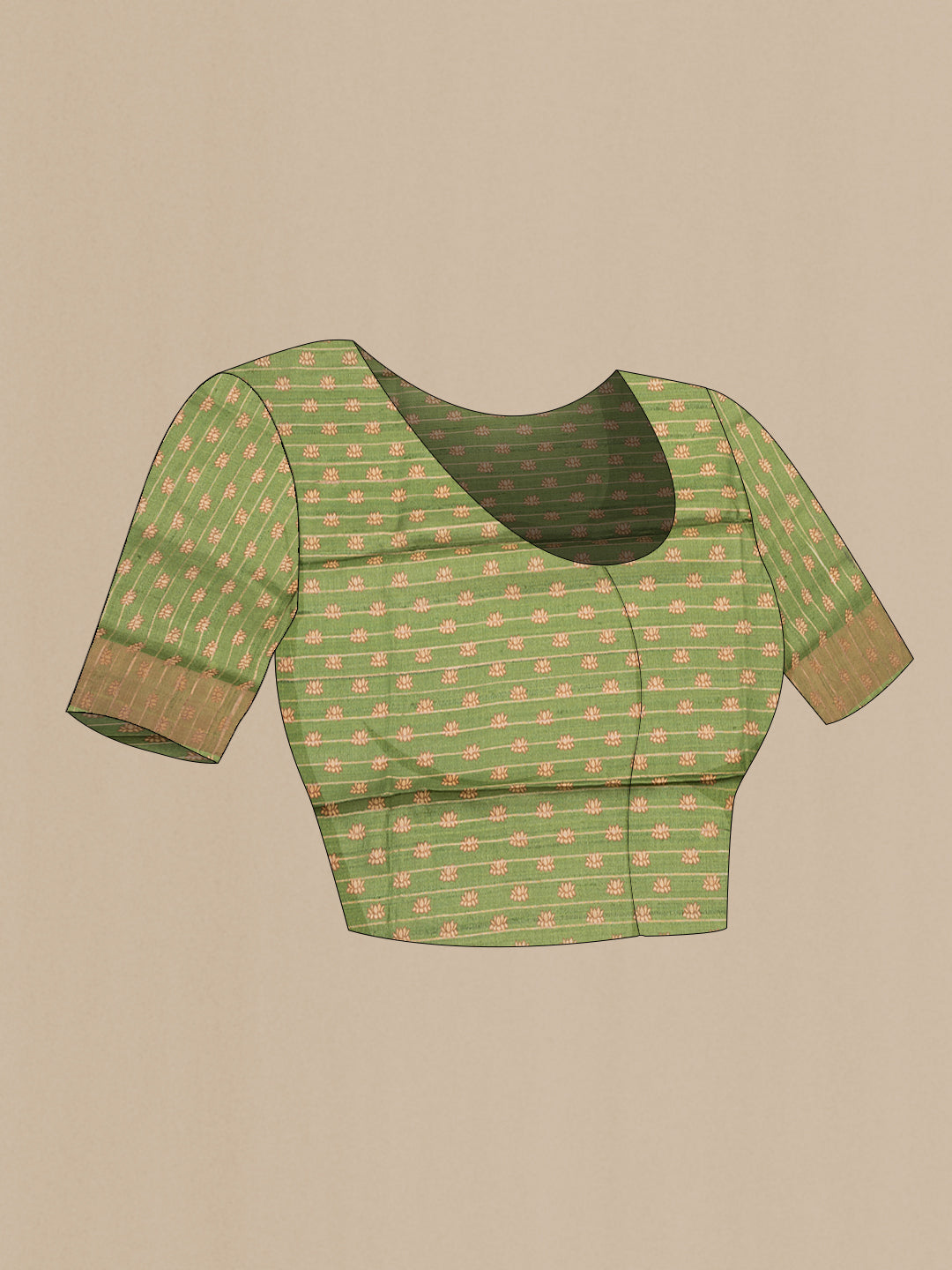 Close up image of the blouse of Mehandi Green Tussar Saree with Printed design on the body and Zari Border. 