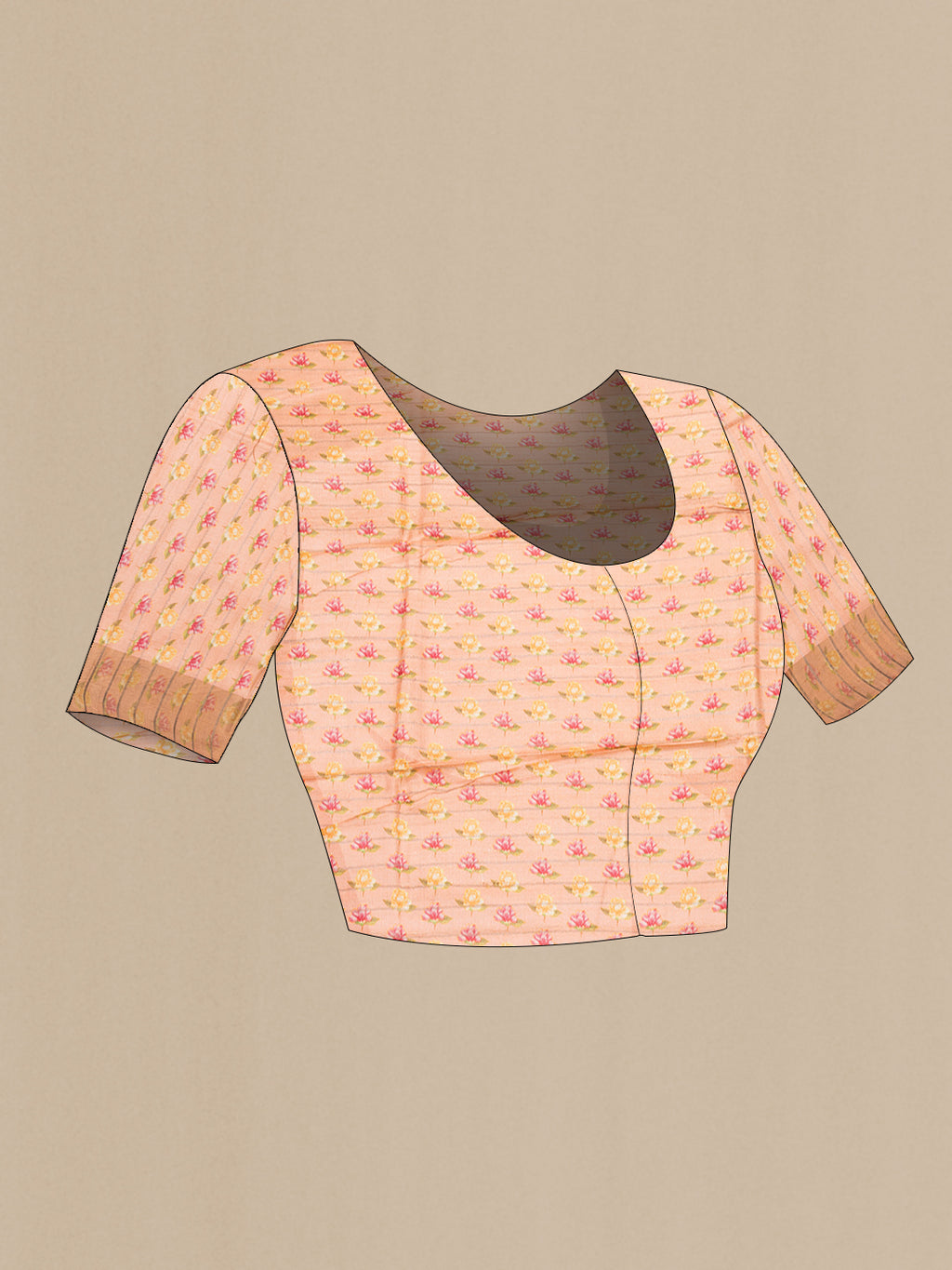 Close up image of the blouse of Peach Tussar Saree with Printed design on the body and Zari Border. 