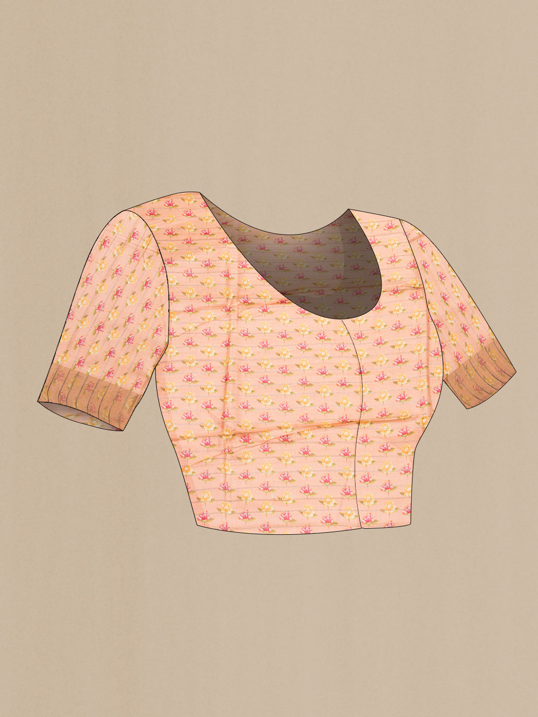 Close up image of the blouse of Peach Tussar Saree with Printed design on the body and Zari Border. 