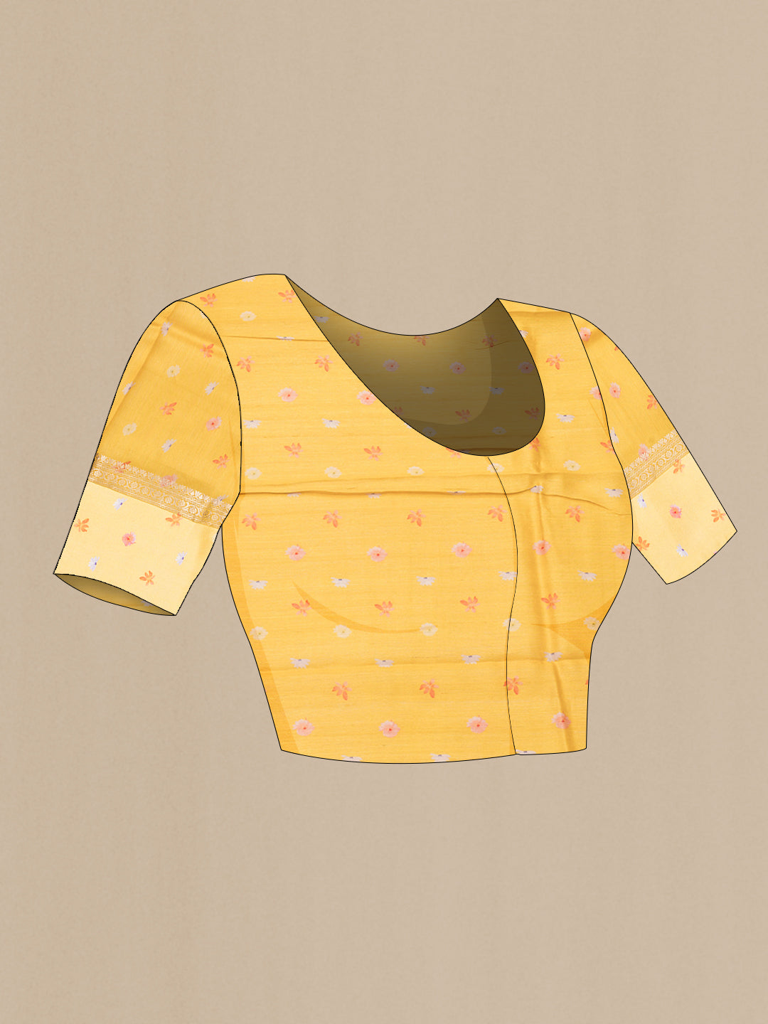 Close up image of the blouse of Yellow Tussar Saree with Zari Butta on the body and Fancy Border. 