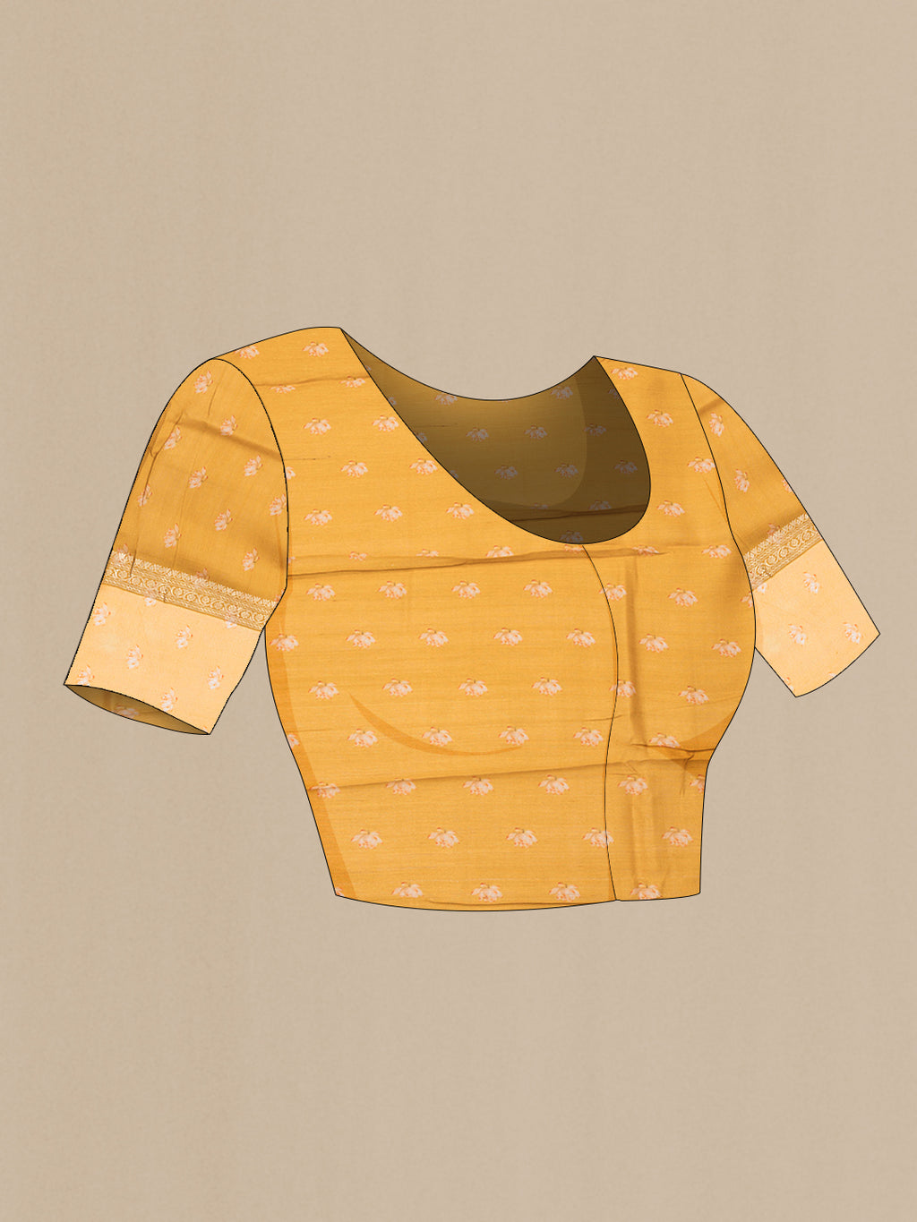 Close up image of the blouse of Mustard Tussar Saree with Zari Butta on the body and Fancy Border. 
