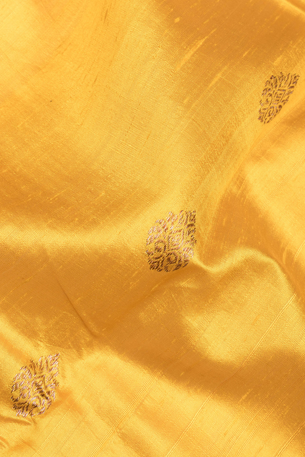 Close up of Mustard Raw Saree with Zari Butta on the body and Zari Border.  displaying folds