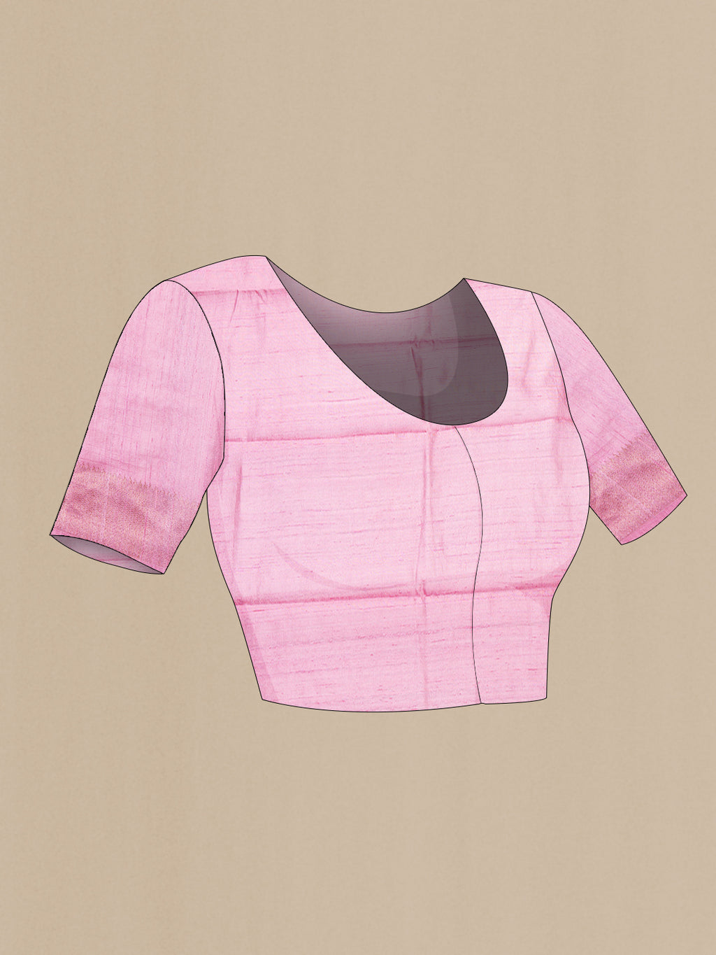 Close up image of the blouse of Rose pink Raw Saree with Zari Butta on the body and Zari Border. 