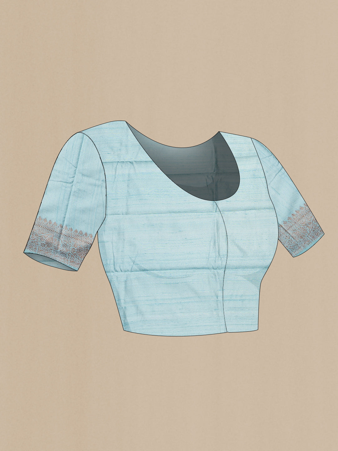 Close up image of the blouse of Light Blue Raw Saree with Zari Butta on the body and Zari Border. 