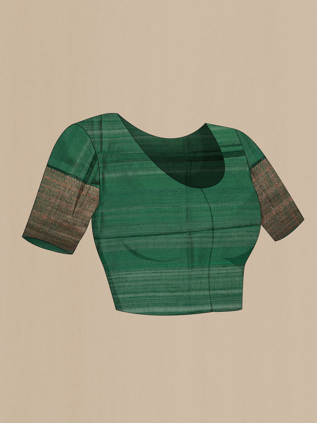 Close up image of the blouse of Mehandi Green Dual Tone Raw Saree with Plain Body and Zari Border. 