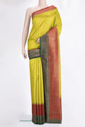 Mehandi Green Dual Tone Raw Saree with Plain Body and Zari Border.  displayed on a mannequin