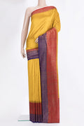Yellow Raw Saree with Plain Body and Zari Border.  displayed on a mannequin