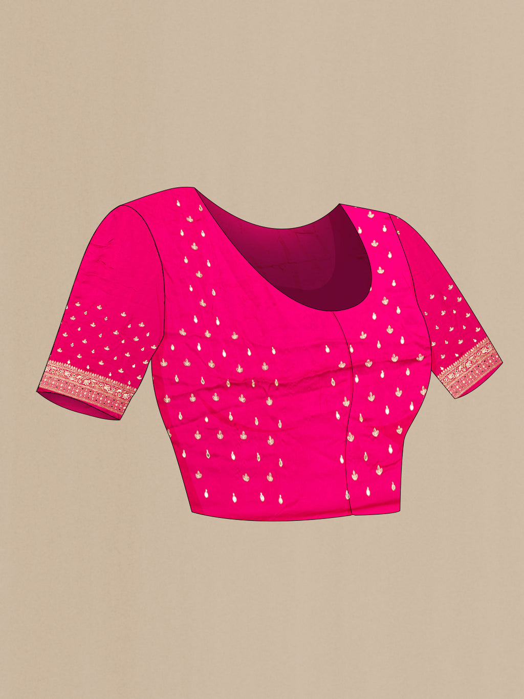 Close up image of the blouse of Dark Pink Satin Saree with Embroidered on the body and Sequin Border. 