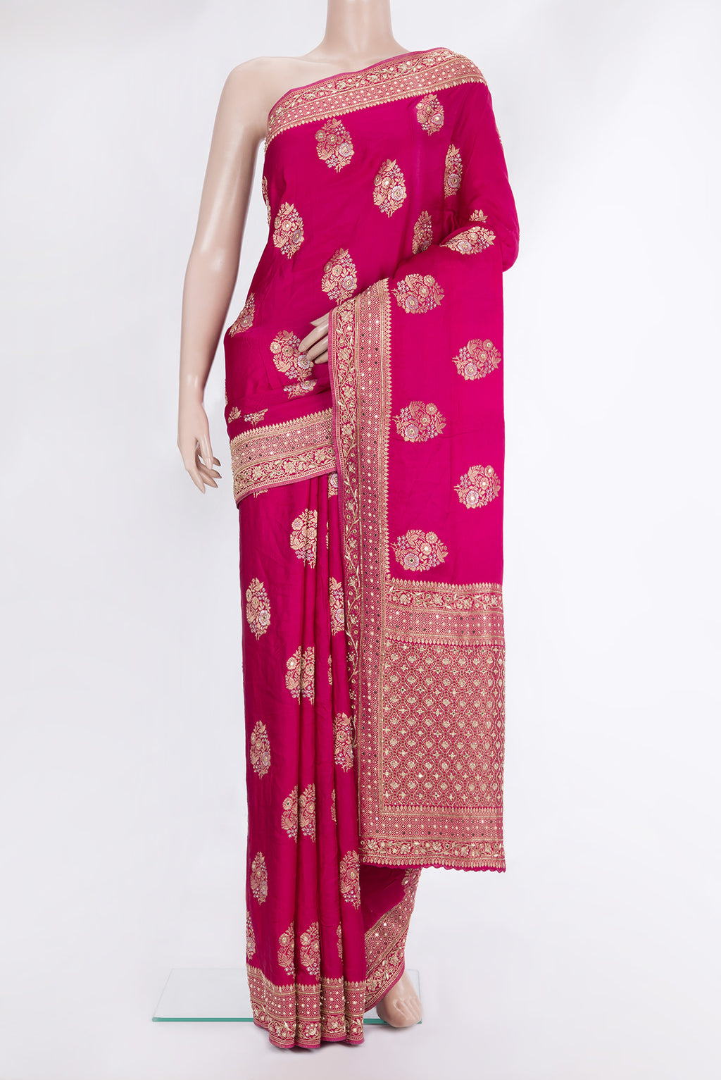 Dark Pink Satin Saree with Embroidered on the body and Sequin Border.  displayed on a mannequin