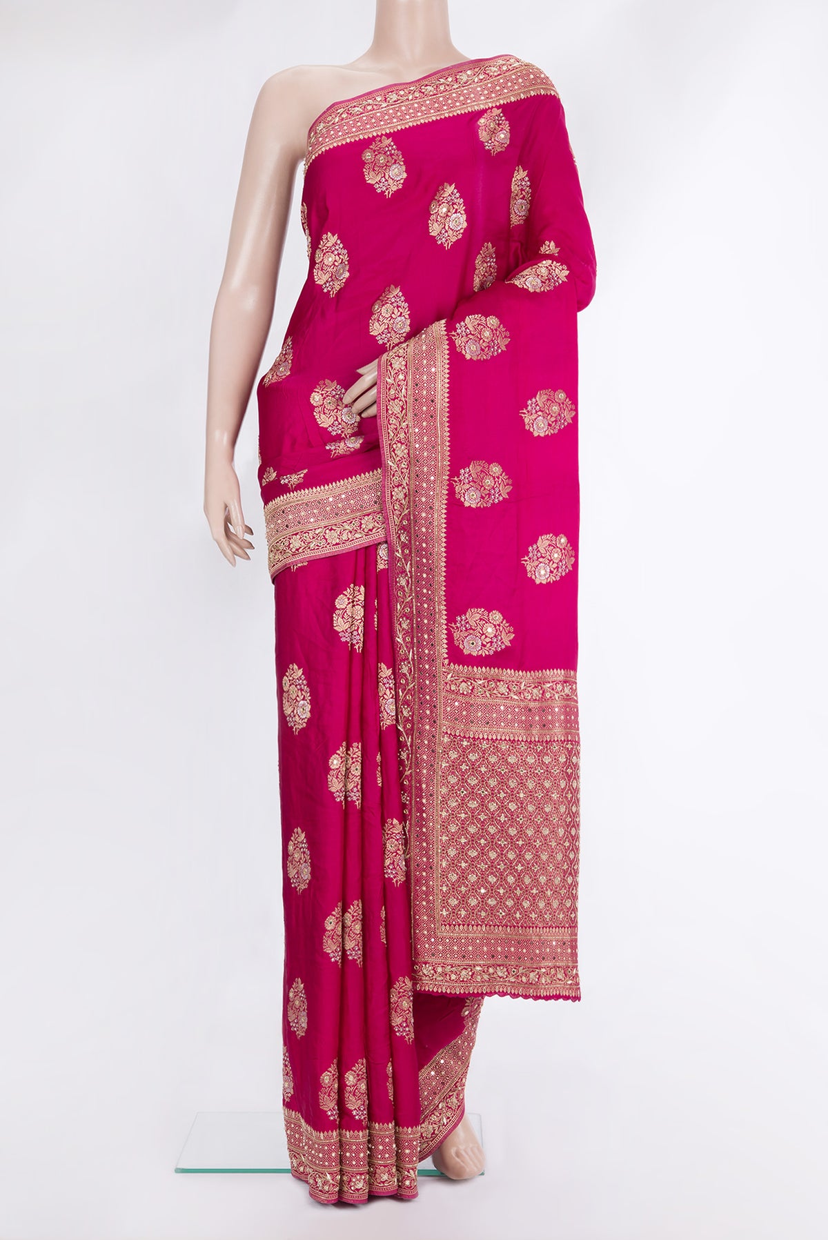 Dark Pink Satin Saree with Embroidered on the body and Sequin Border.  displayed on a mannequin