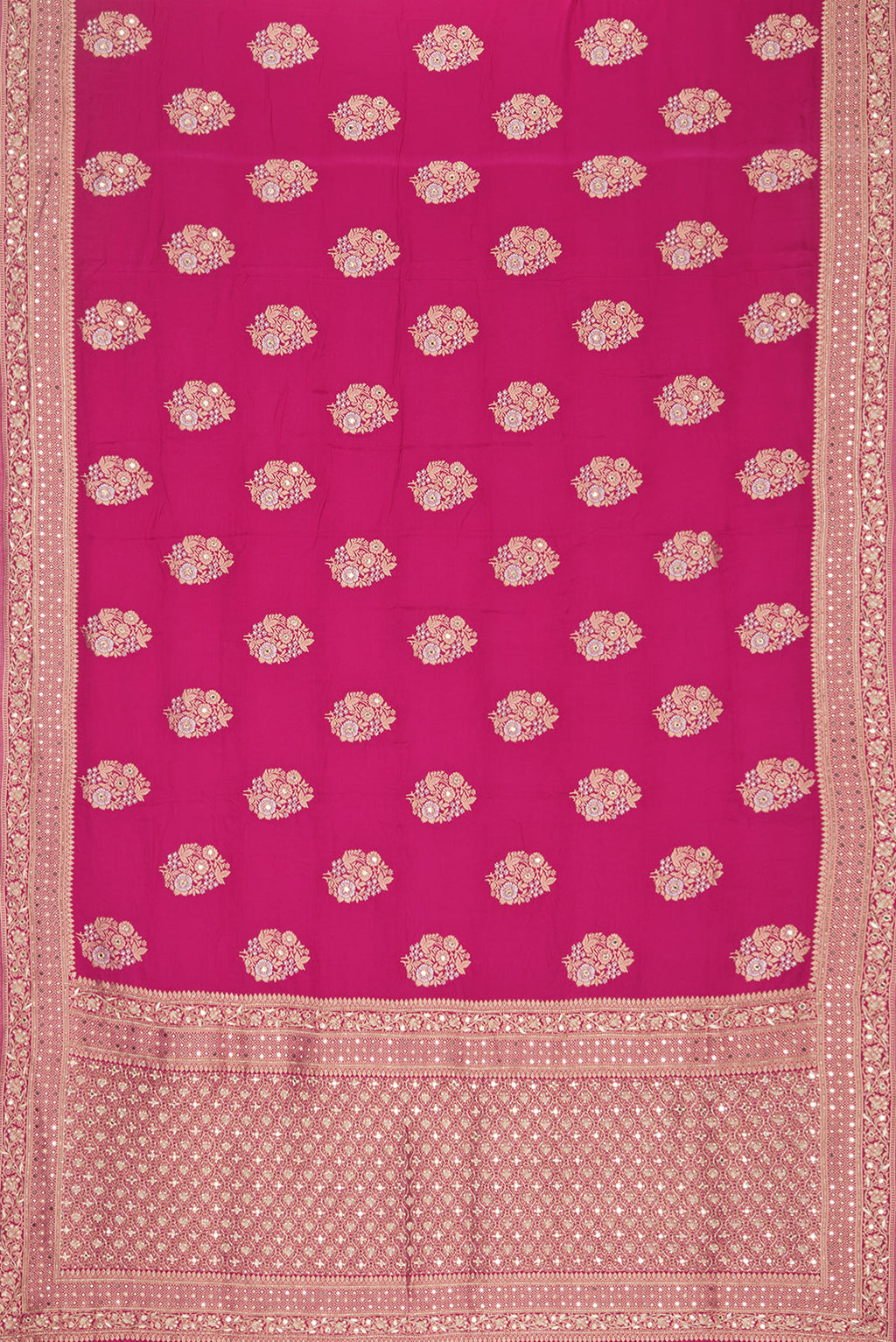 Flat view of Dark Pink Satin Saree with Embroidered on the body and Sequin Border. 