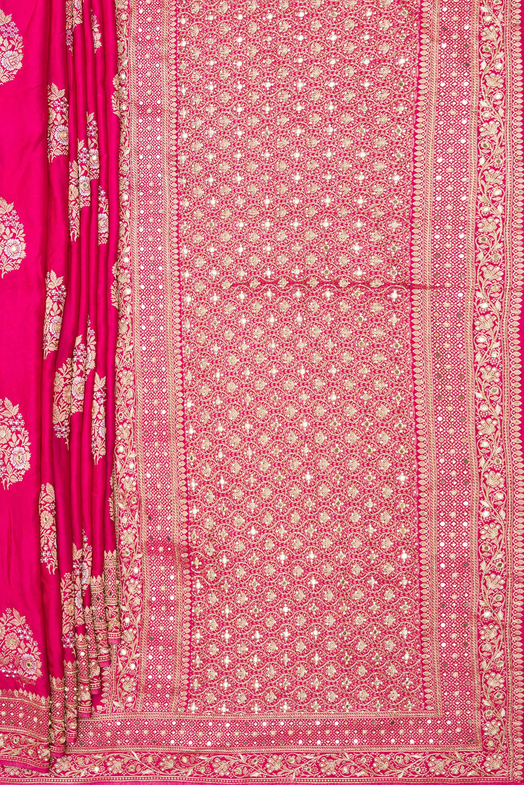 Pleats and pallu of Dark Pink Satin Saree with Embroidered on the body and Sequin Border. 