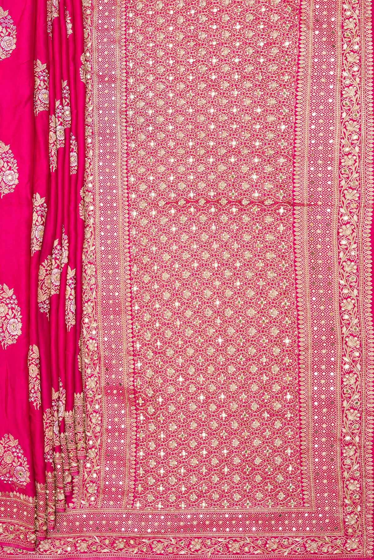 Pleats and pallu of Dark Pink Satin Saree with Embroidered on the body and Sequin Border. 