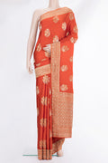 Orange Satin Saree with Embroidered on the body and Sequin Border.  displayed on a mannequin