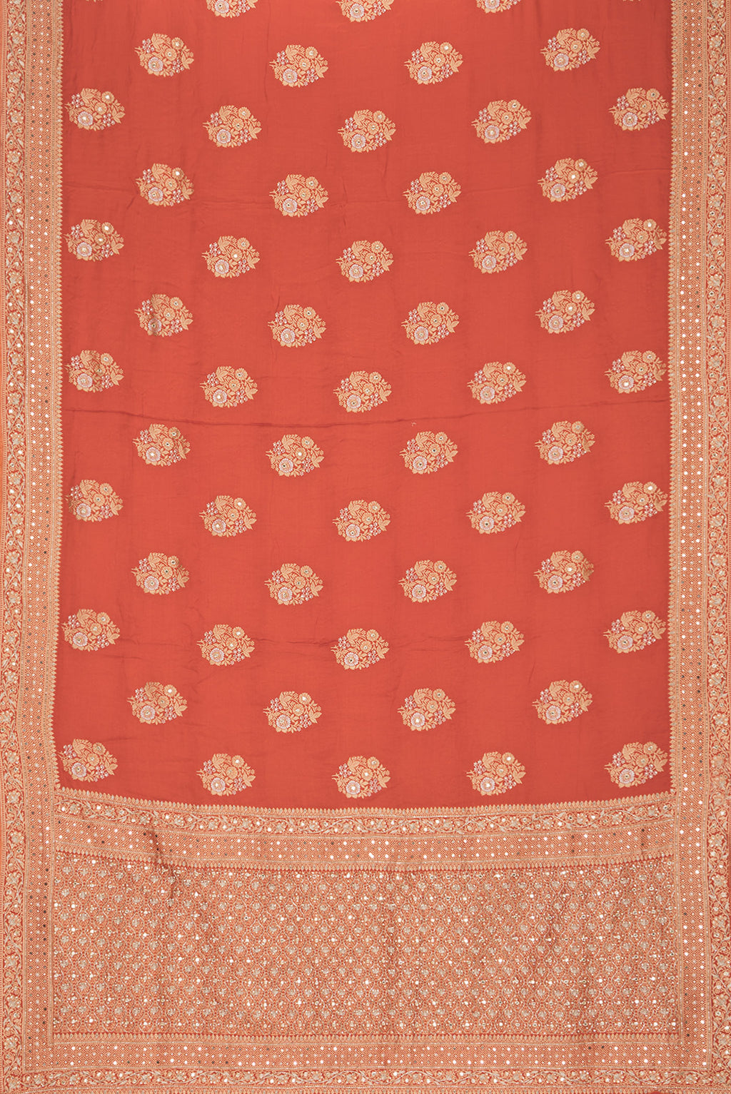 Flat view of Orange Satin Saree with Embroidered on the body and Sequin Border. 