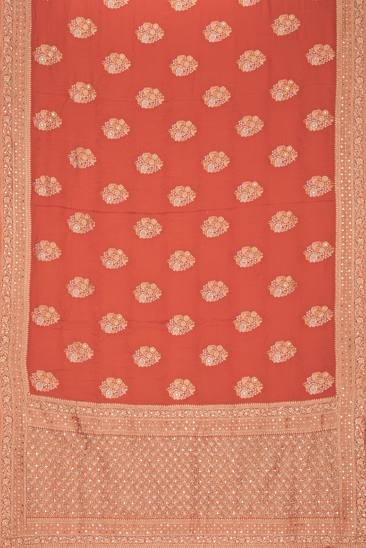 Flat view of Orange Satin Saree with Embroidered on the body and Sequin Border. 