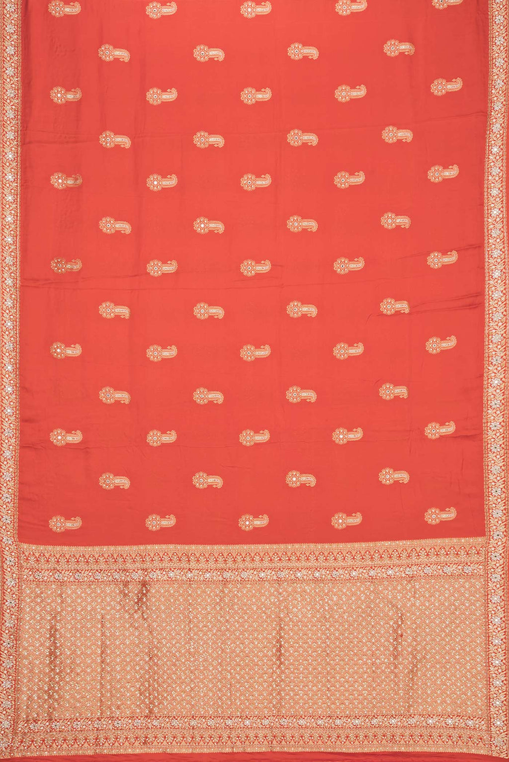 Flat view of Brick Orange Satin Saree with Embroidered on the body and Sequin Border. 