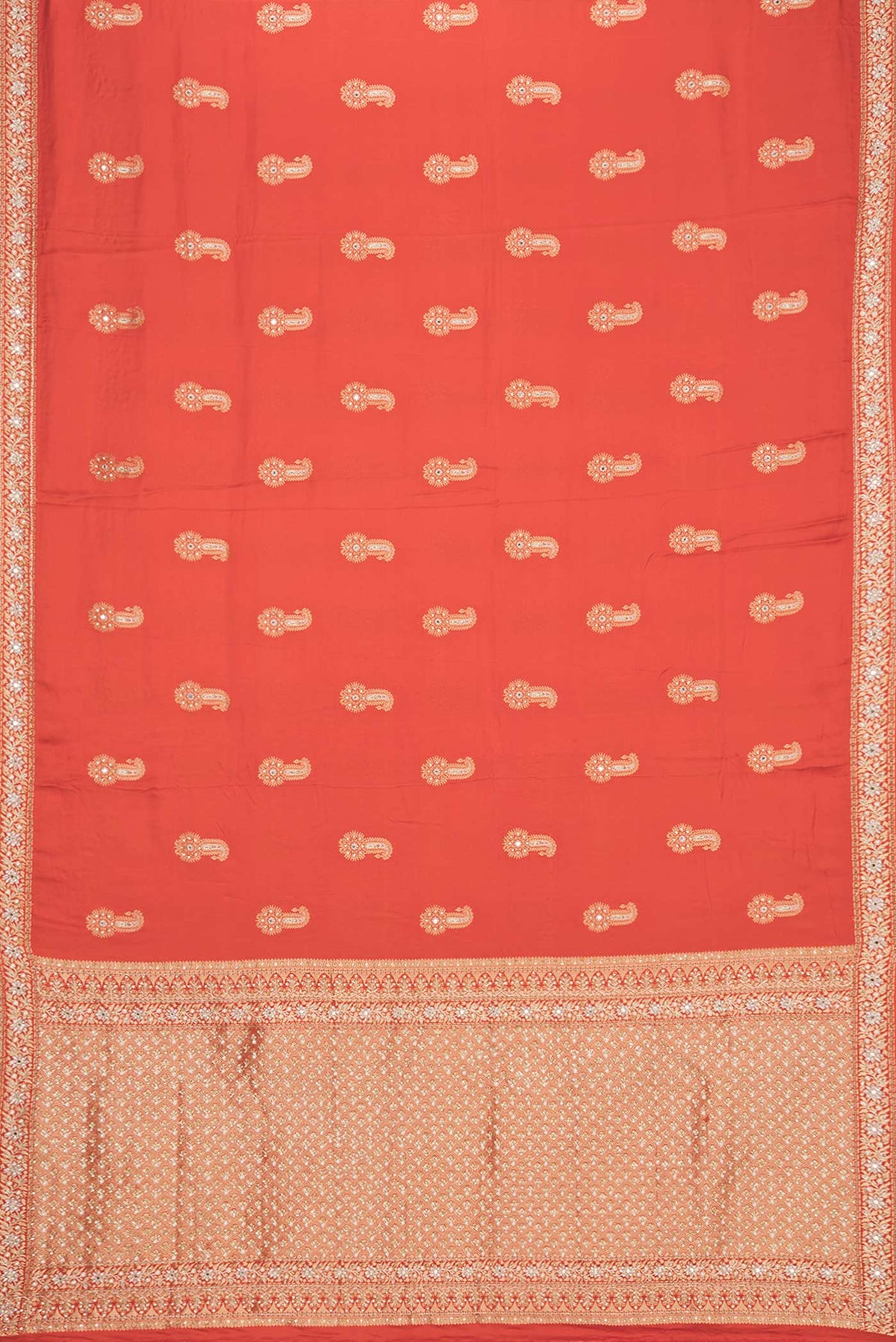 Flat view of Brick Orange Satin Saree with Embroidered on the body and Sequin Border. 