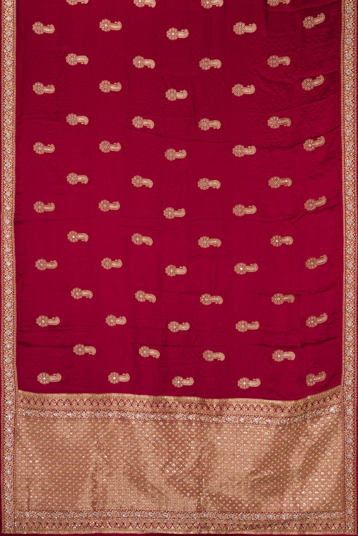 Flat view of Maroon Satin Crepe Saree with Embroidered on the body and Sequin Border. 