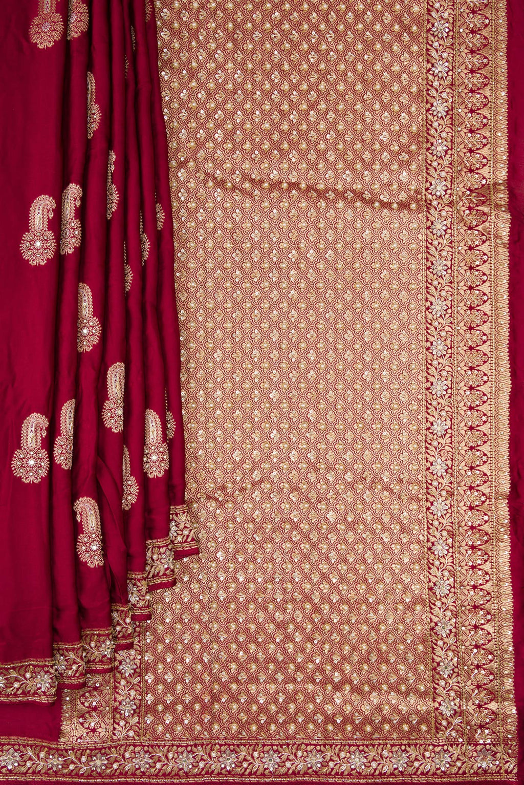 Pleats and pallu of Maroon Satin Crepe Saree with Embroidered on the body and Sequin Border. 