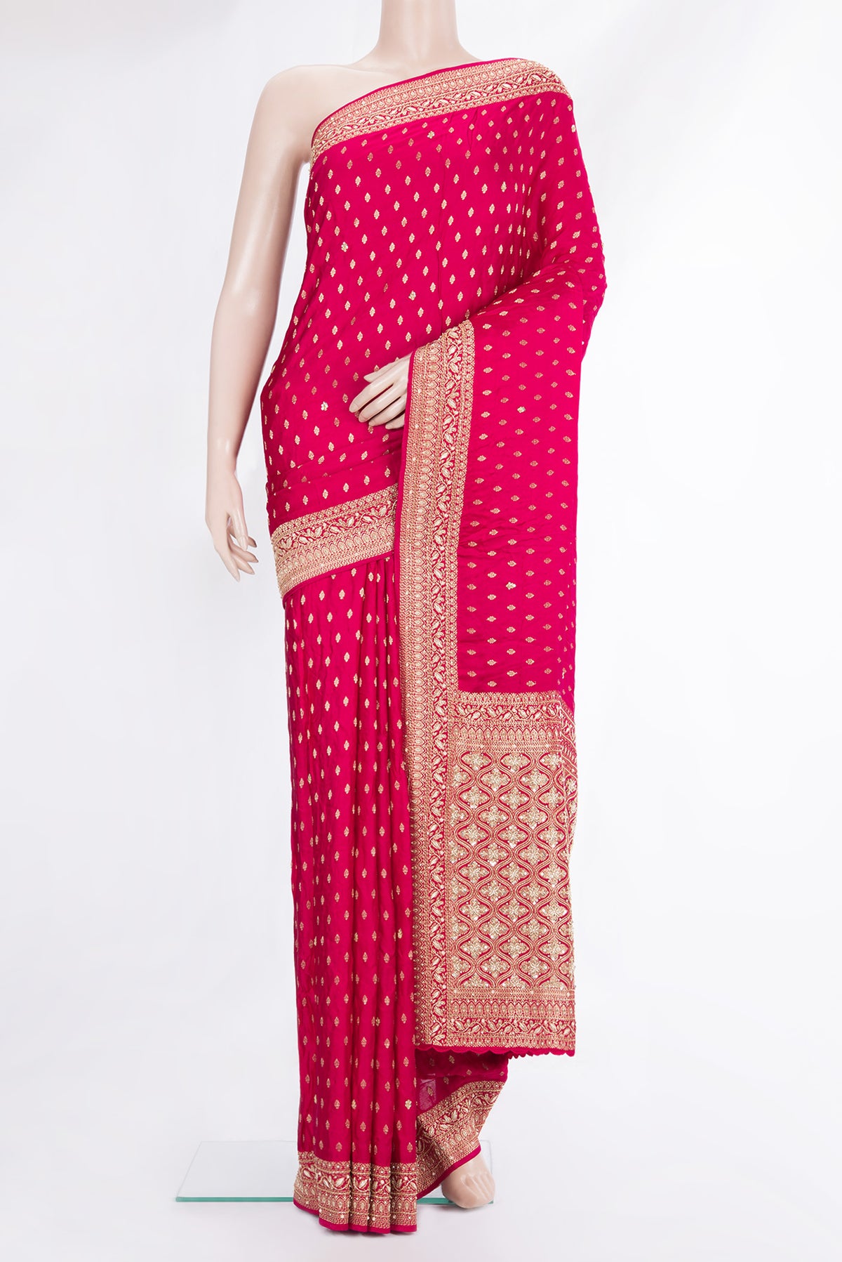 Dark Pink Satin Saree with Embroidered on the body and Sequin Border.  displayed on a mannequin