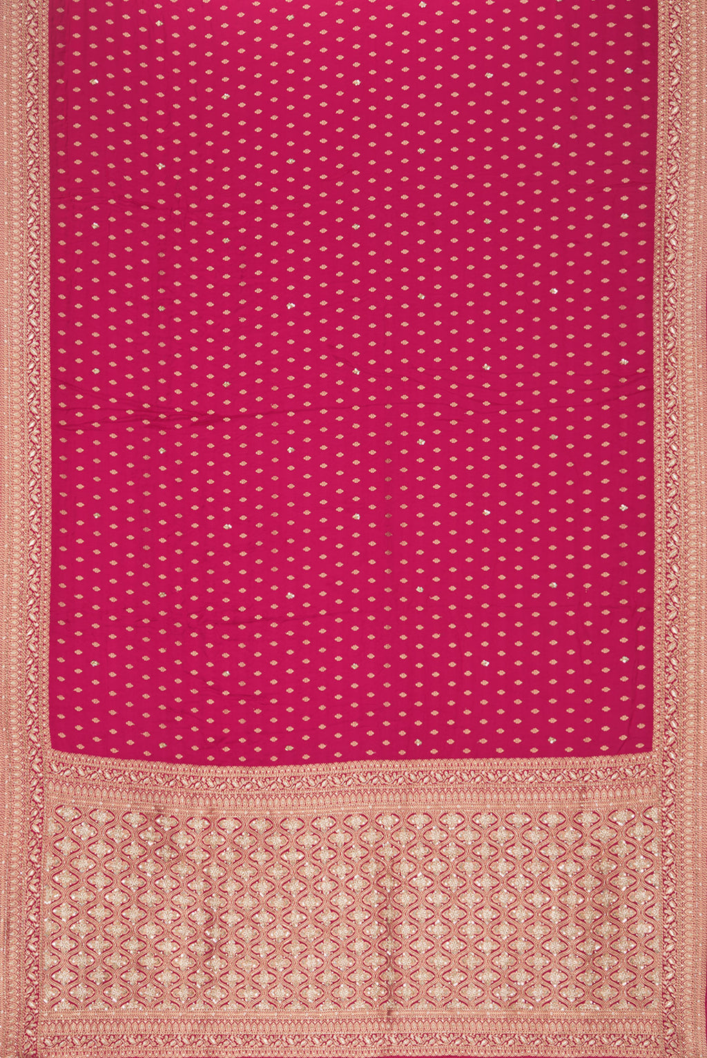 Flat view of Dark Pink Satin Saree with Embroidered on the body and Sequin Border. 