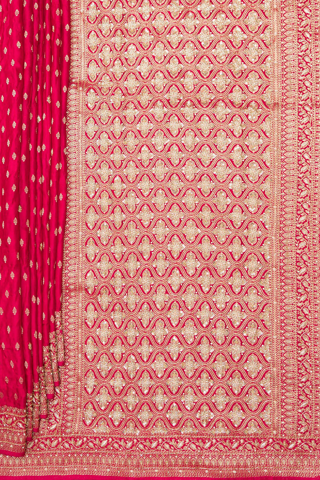 Pleats and pallu of Dark Pink Satin Saree with Embroidered on the body and Sequin Border. 