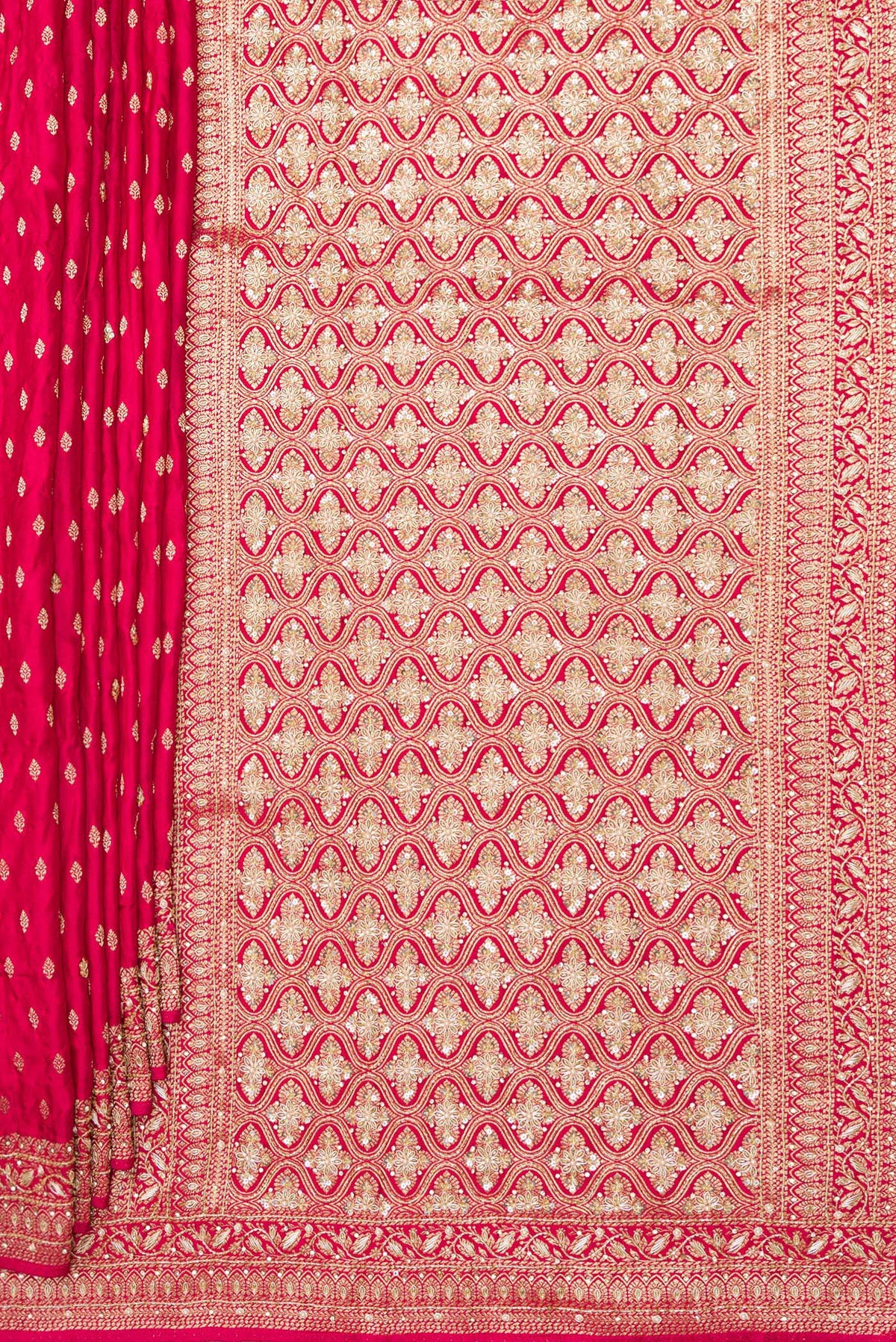 Pleats and pallu of Dark Pink Satin Saree with Embroidered on the body and Sequin Border. 