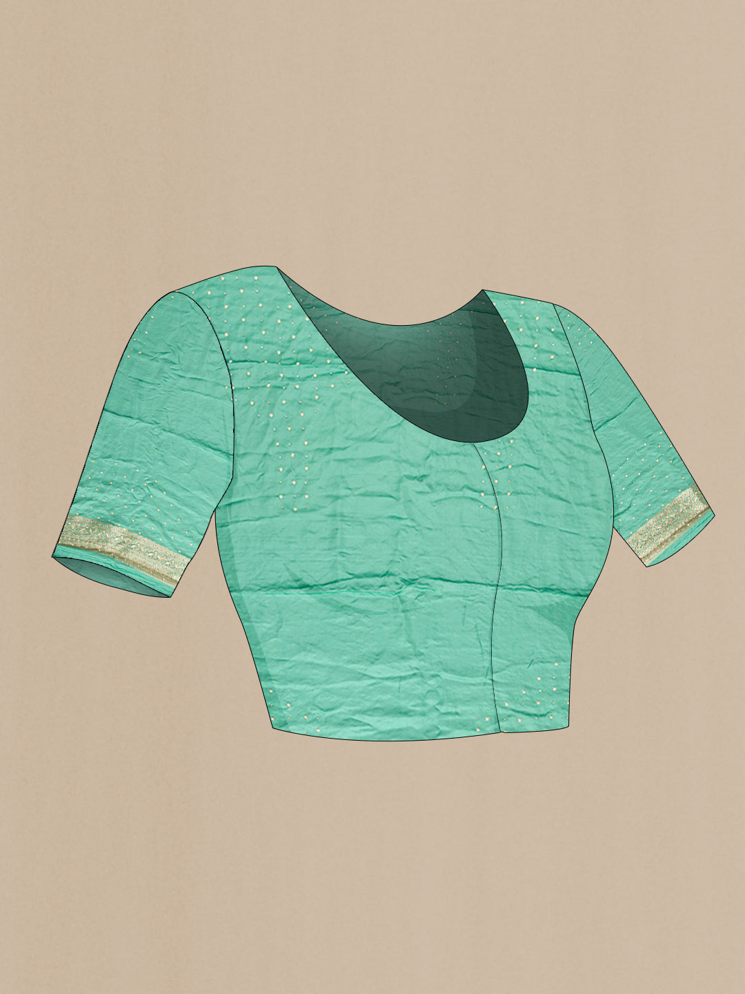 Close up image of the blouse of Sea Green Satin Crepe Saree with Embroidered on the body and Sequin Border. 