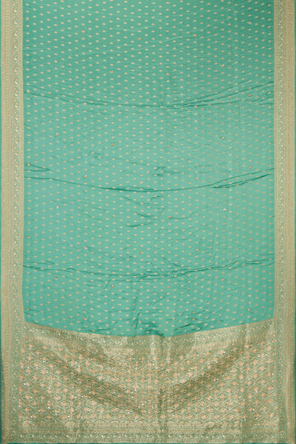 Flat view of Sea Green Satin Crepe Saree with Embroidered on the body and Sequin Border. 