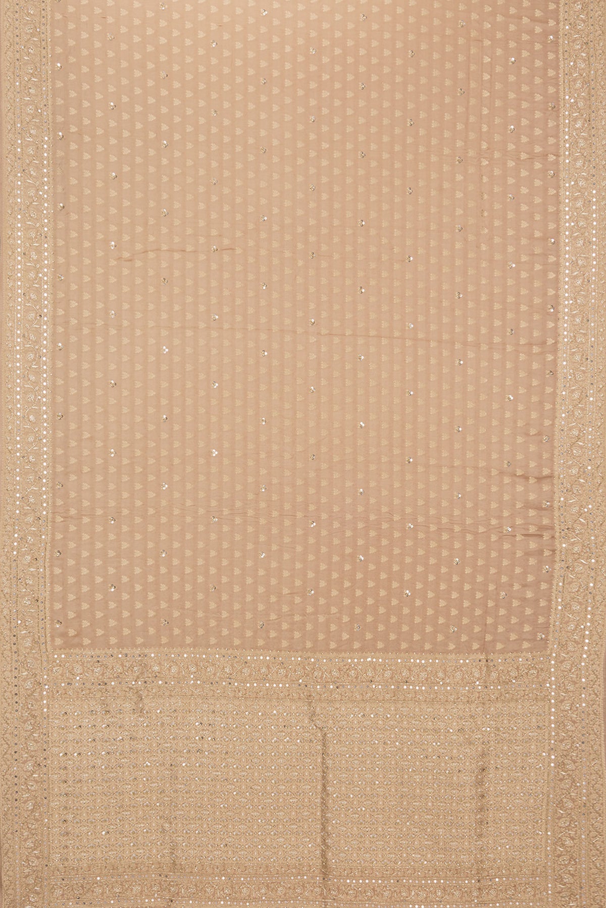 Flat view of Sandal Satin Saree with Embroidered on the body and Embroidered Border. 