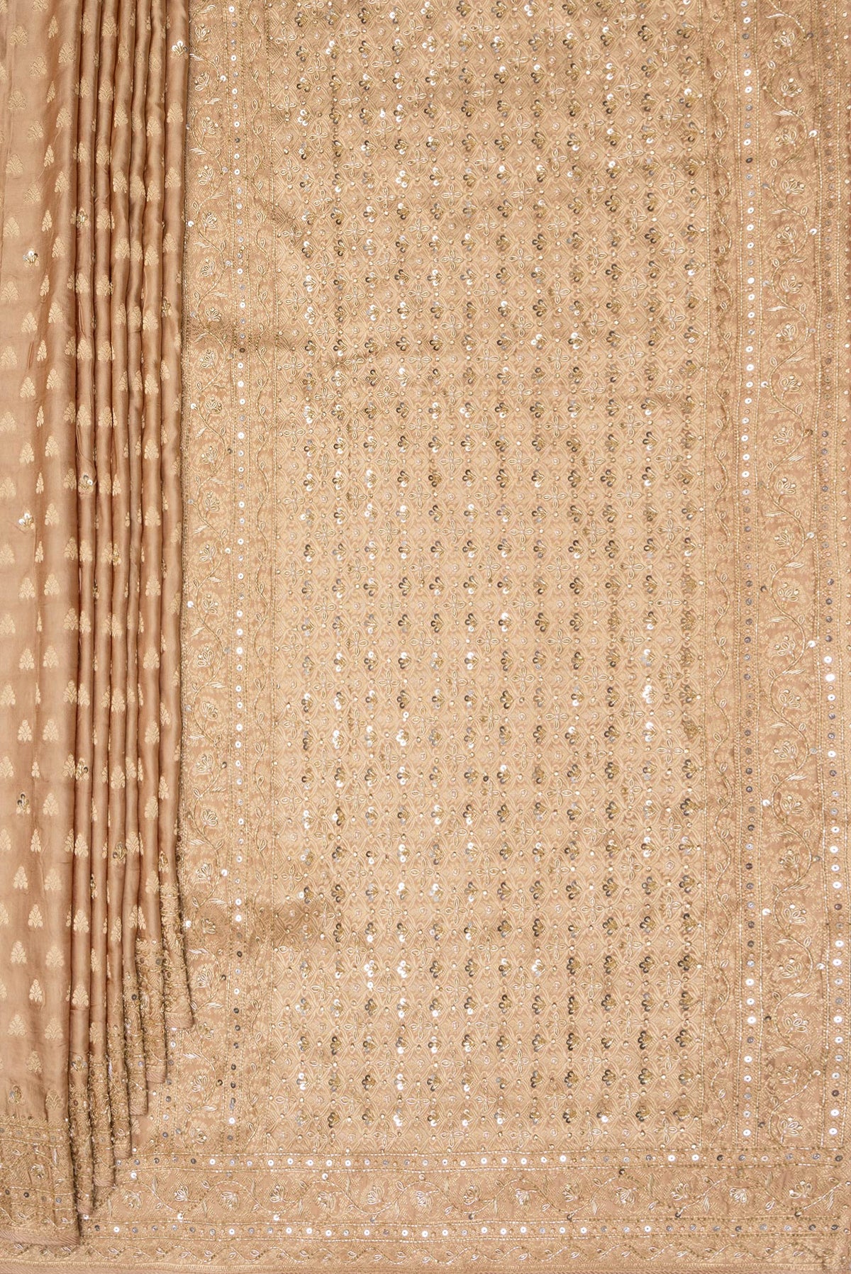 Pleats and pallu of Sandal Satin Saree with Embroidered on the body and Embroidered Border. 