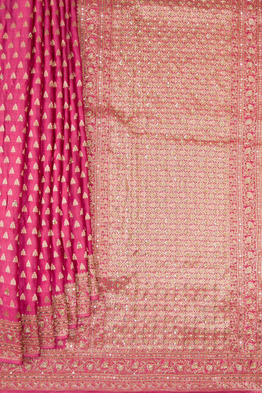 Pleats and pallu of Pink Dual Tone Satin Crepe Saree with Embroidered on the body and Sequin Border. 