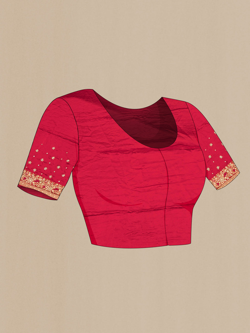Close up image of the blouse of Red Crepe Saree with Embroidered on the body and Sequin Border. 