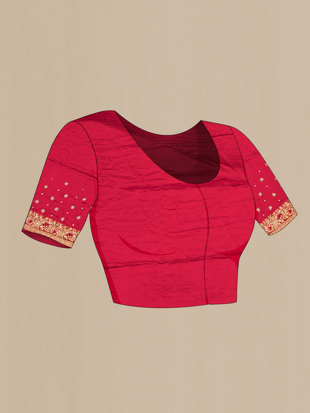 Close up image of the blouse of Red Crepe Saree with Embroidered on the body and Sequin Border. 