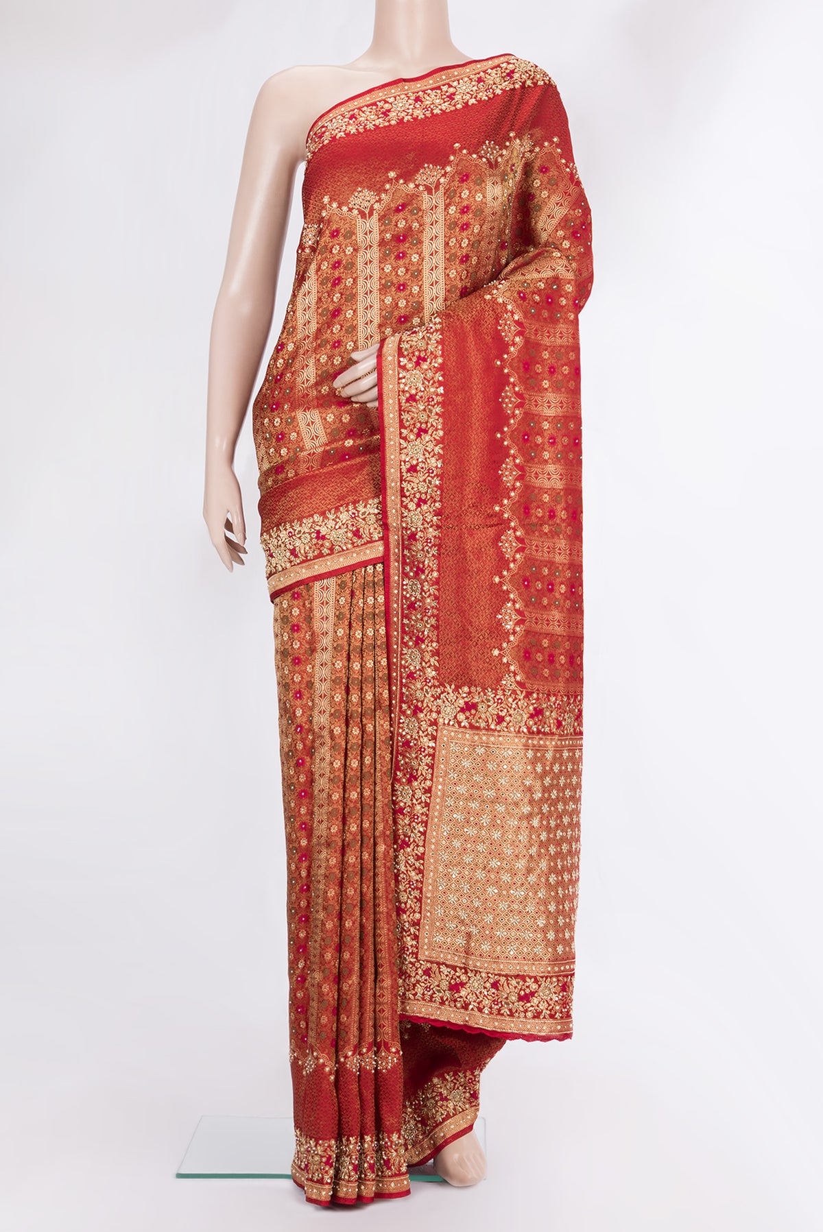Red Crepe Saree with Embroidered on the body and Sequin Border.  displayed on a mannequin