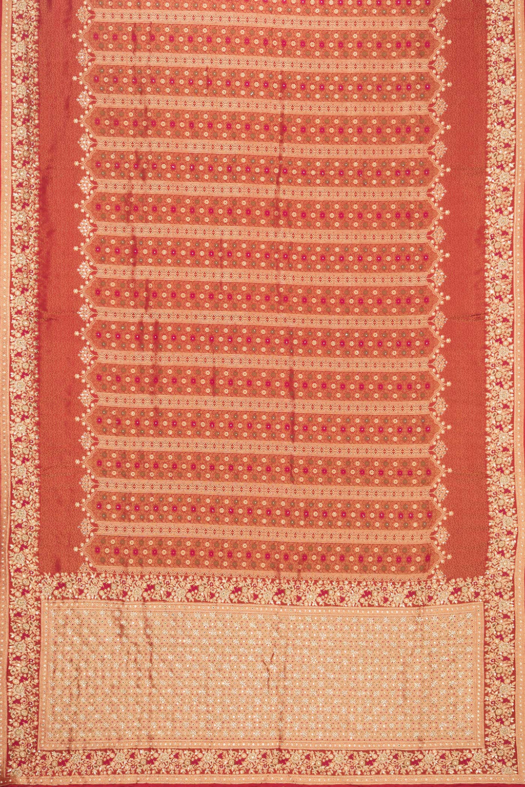 Flat view of Red Crepe Saree with Embroidered on the body and Sequin Border. 