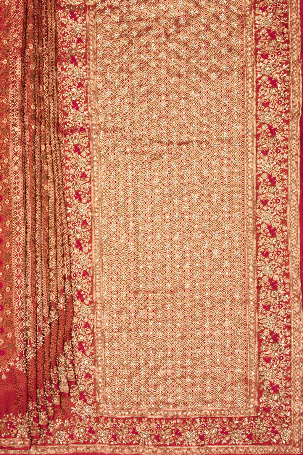 Pleats and pallu of Red Crepe Saree with Embroidered on the body and Sequin Border. 