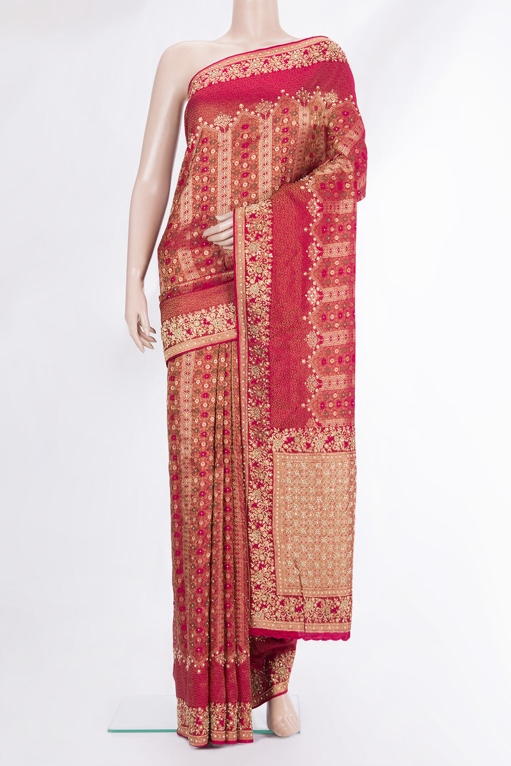 Dark Pink Dual Tone Crepe Saree with Embroidered on the body and Sequin Border.  displayed on a mannequin