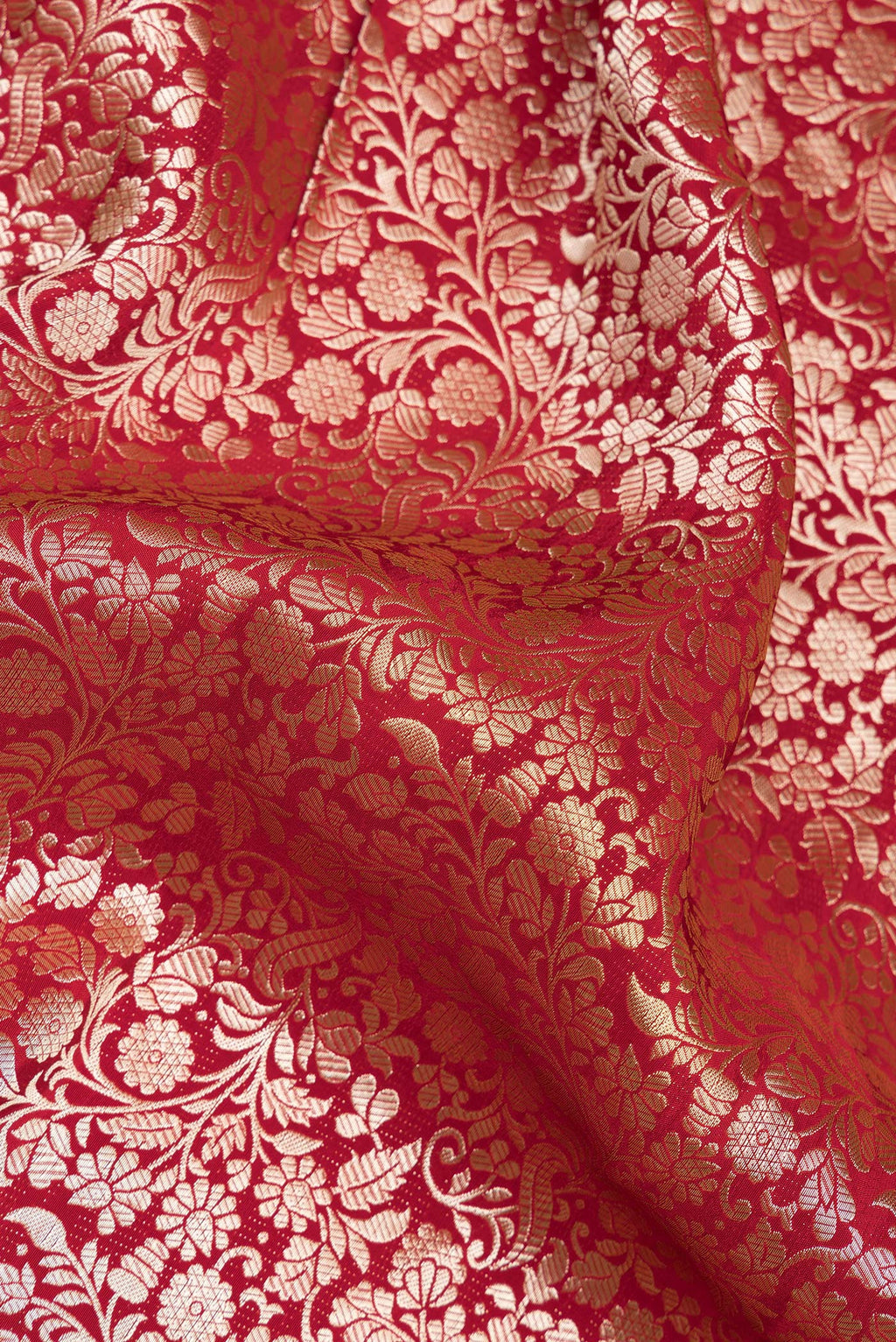 Close up of Red Dual Tone Blended Banarasi Silk Saree with Zari Brocade on the body and Sequin Border.  displaying folds