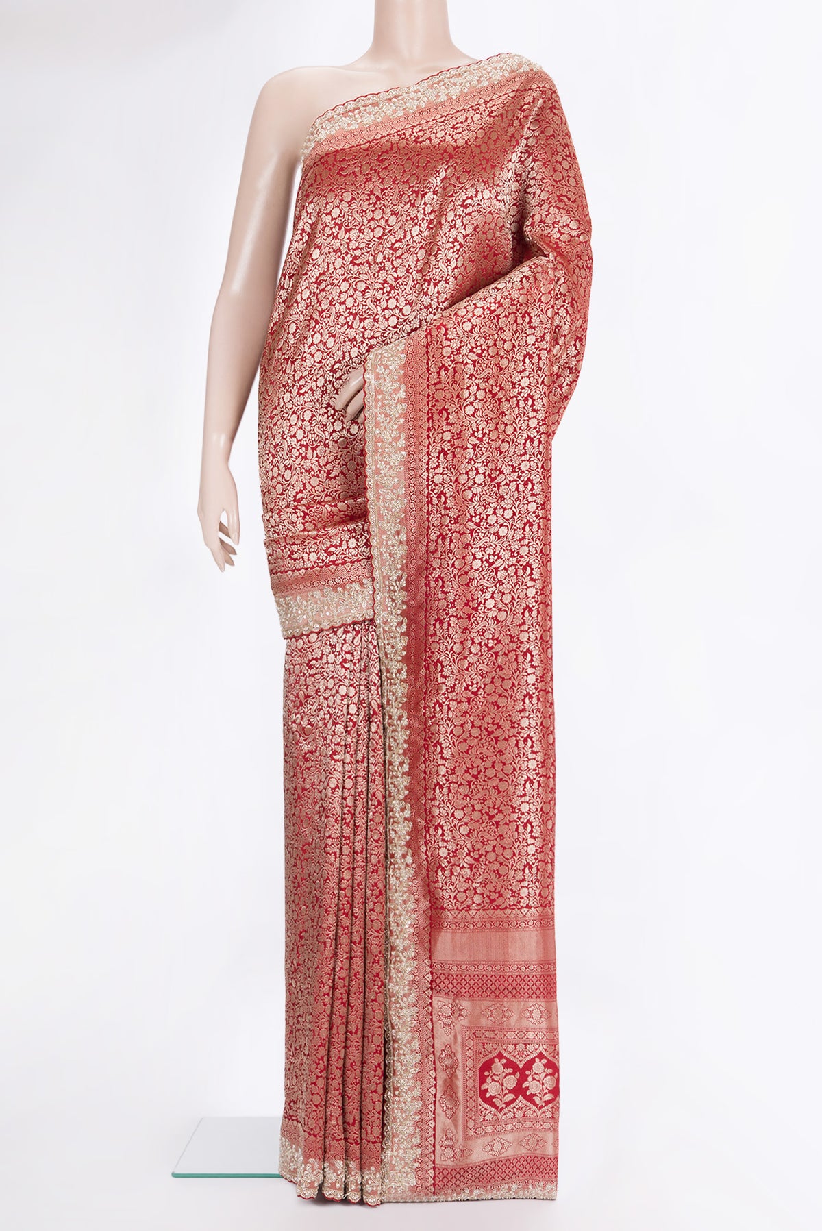 Red Dual Tone Blended Banarasi Silk Saree with Zari Brocade on the body and Sequin Border.  displayed on a mannequin
