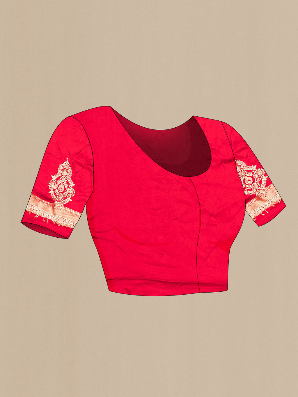 Close up image of the blouse of Red Satin Saree with Embroidered on the body and Sequin Border. 